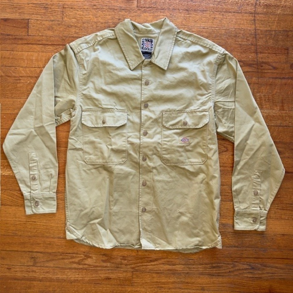 Dickies Mens Button Up Shirt Long Sleeve Collared Workwear Tan Small